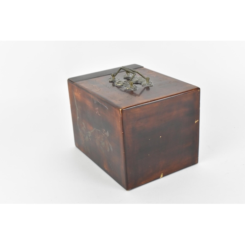 113 - A small Chinese early 20th century travel box, with pierced brass double swing handles to the top, t... 