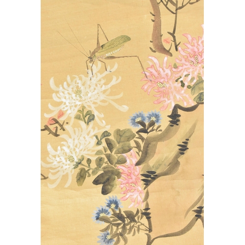 123 - A pair of Chinese watercolour on silk scroll paintings, depicting prunus branches and spider-web, an... 