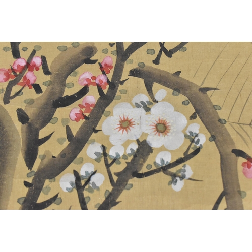 123 - A pair of Chinese watercolour on silk scroll paintings, depicting prunus branches and spider-web, an... 