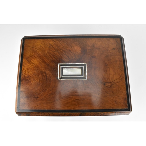 185 - A Victorian mother-of-pearl inlaid travel vanity box, the top with cavetto border with ebonised thic... 