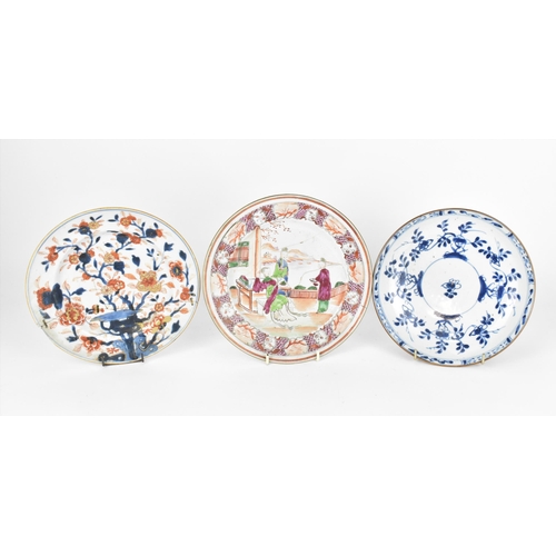 40 - A small collection of Chinese 18th century plates, comprising a blue and white Kangxi plate with bro... 