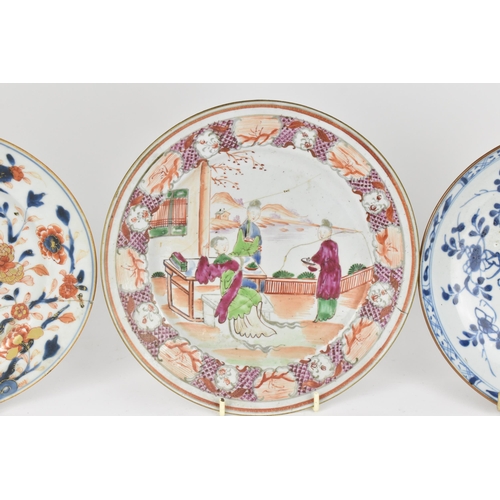 40 - A small collection of Chinese 18th century plates, comprising a blue and white Kangxi plate with bro... 