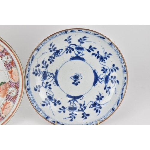 40 - A small collection of Chinese 18th century plates, comprising a blue and white Kangxi plate with bro... 