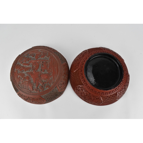 68 - A Chinese Qing dynasty red cinnabar lacquer 'chun' box and cover, 19th century, of circular form, th... 