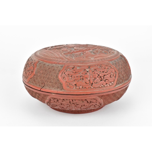 68 - A Chinese Qing dynasty red cinnabar lacquer 'chun' box and cover, 19th century, of circular form, th... 