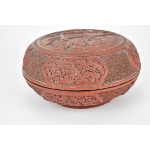 68 - A Chinese Qing dynasty red cinnabar lacquer 'chun' box and cover, 19th century, of circular form, th... 