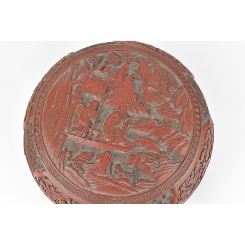 68 - A Chinese Qing dynasty red cinnabar lacquer 'chun' box and cover, 19th century, of circular form, th... 