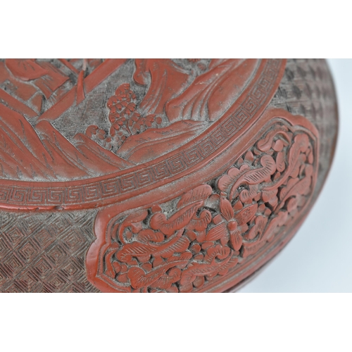 68 - A Chinese Qing dynasty red cinnabar lacquer 'chun' box and cover, 19th century, of circular form, th... 