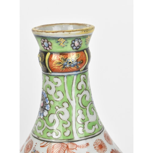 84 - A pair of 19th century Imari porcelain vases, of bottle vase shape with knopped necks, the top appli... 