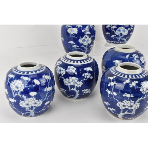 88 - A collection of six Chinese Qing dynasty prunus jars, each of typical form, three with underglazed a... 