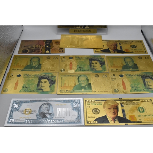 141 - A collection of 24k stamped banknotes to include Australia 5 Dollar, 10 Euro, 6 £5 notes, 3 Donald T... 