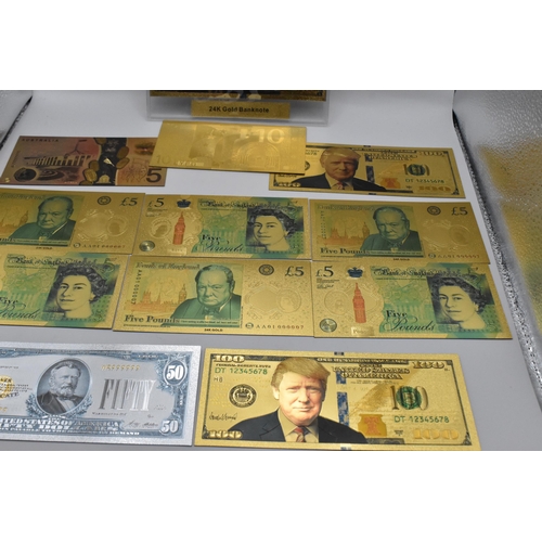 141 - A collection of 24k stamped banknotes to include Australia 5 Dollar, 10 Euro, 6 £5 notes, 3 Donald T... 