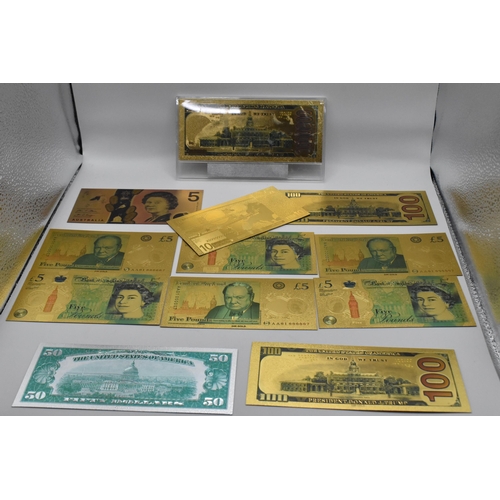 141 - A collection of 24k stamped banknotes to include Australia 5 Dollar, 10 Euro, 6 £5 notes, 3 Donald T... 