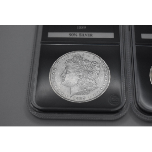 147 - United States of America - Genuine uncirculated Morgan silver dollar 1889 and 1921, in secure plasti... 