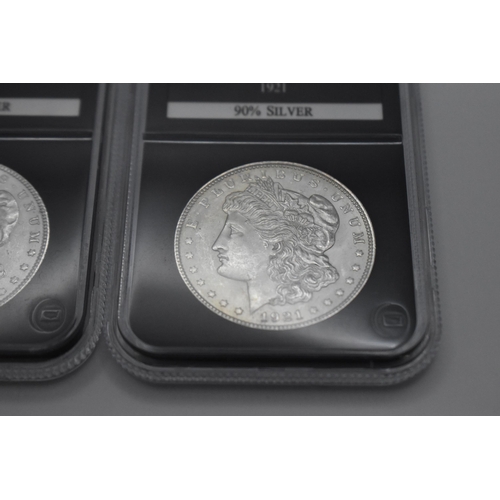 147 - United States of America - Genuine uncirculated Morgan silver dollar 1889 and 1921, in secure plasti... 