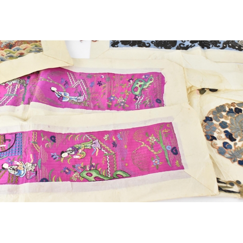 102 - A small collection of Chinese embroidery, comprising a pair of purple silk sleeves embroidered with ... 