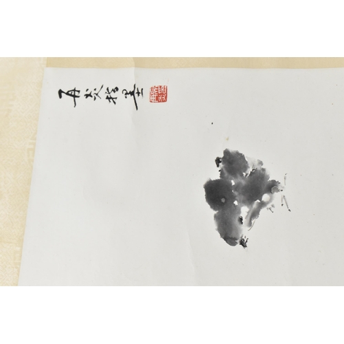 18 - A Chinese scroll black ink painting of chicks, with artist's red seal stamp signature bottom left an... 