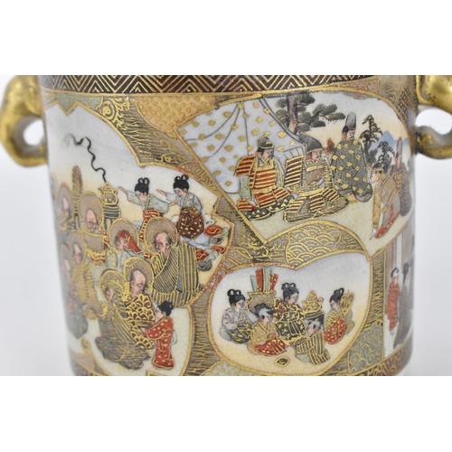 221 - A Japanese Satsuma koro, Meiji period, the body profusely decorated with figural scenes, one by Moun... 