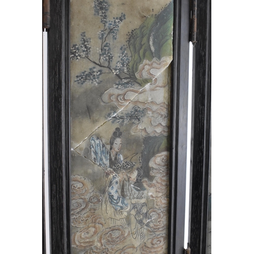 41A - A Chinese Qing Dynasty six-panel table screen, the stone panels with painted figures of women around... 