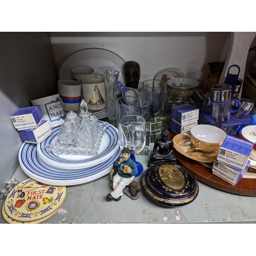 136 - A mixed lot of household ceramics and glassware, cutlery, pictures, a Coalport coffee pot, a Spode b... 