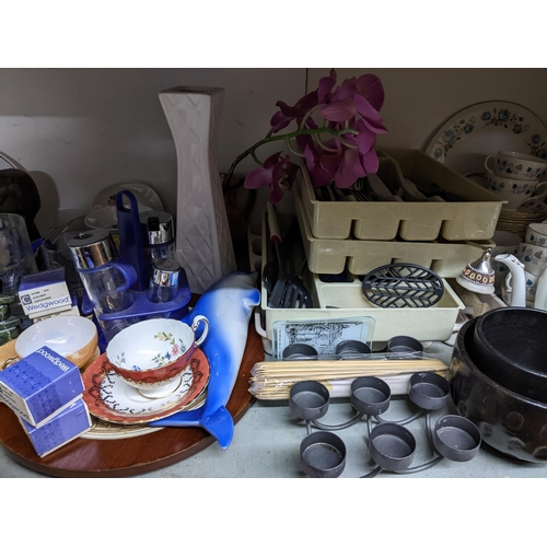 136 - A mixed lot of household ceramics and glassware, cutlery, pictures, a Coalport coffee pot, a Spode b... 