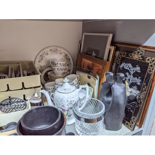 136 - A mixed lot of household ceramics and glassware, cutlery, pictures, a Coalport coffee pot, a Spode b... 