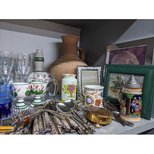 136 - A mixed lot of household ceramics and glassware, cutlery, pictures, a Coalport coffee pot, a Spode b... 