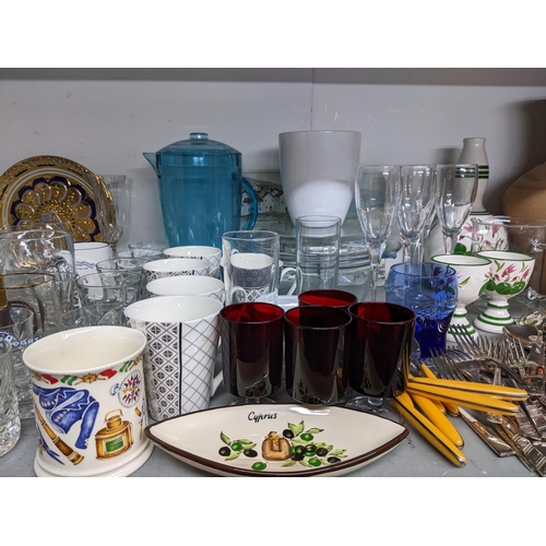 136 - A mixed lot of household ceramics and glassware, cutlery, pictures, a Coalport coffee pot, a Spode b... 