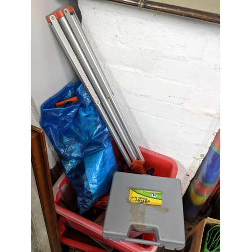 143 - Mixed tools to include a tool box with contents, car cleaning items, a greenhouse fan heater and a h... 