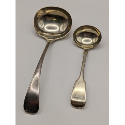 218 - Two silver sauce ladles to include a Victorian fiddle pattern ladle hallmarked Exeter 1871, 87g
Loca... 