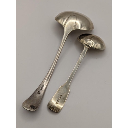 218 - Two silver sauce ladles to include a Victorian fiddle pattern ladle hallmarked Exeter 1871, 87g
Loca... 