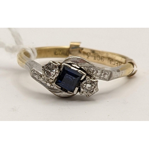 223 - An 18ct gold and platinum, sapphire and diamond ring with 9ct gold ring size reducer clip, 2.5g
Loca... 