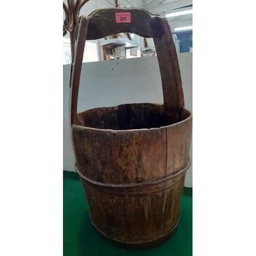 288 - A 19th century wooden pail with metal strapwork together with a horn handled wooden walking stick wi... 