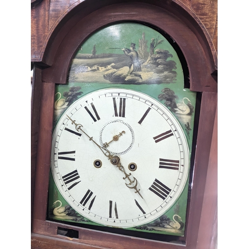 309 - A 19th Century inlaid mahogany long case clock with a painted dial and 8-day movement, Location:RWF