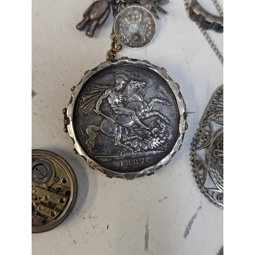 337 - A mixed lot to include an 1887 Jubilee crown, mixed silver and white metal jewellery to include a ne... 