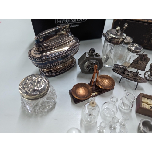 354 - Silver, silver plated items and collectables to include Trench art cigarette lighter, dressing table... 