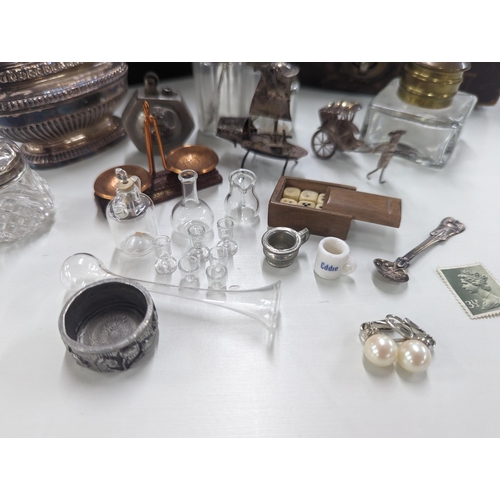 354 - Silver, silver plated items and collectables to include Trench art cigarette lighter, dressing table... 