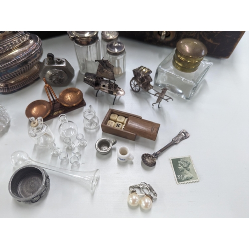 354 - Silver, silver plated items and collectables to include Trench art cigarette lighter, dressing table... 