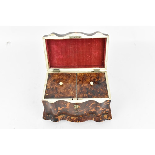 200 - A 19th century tortoiseshell and ivory tea caddy, Regency period, with twin division interior with l... 