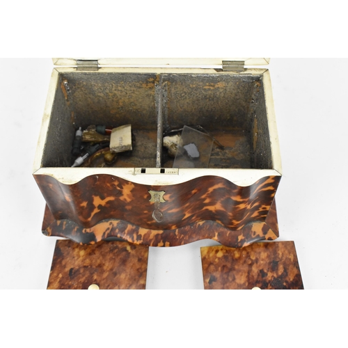 200 - A 19th century tortoiseshell and ivory tea caddy, Regency period, with twin division interior with l... 