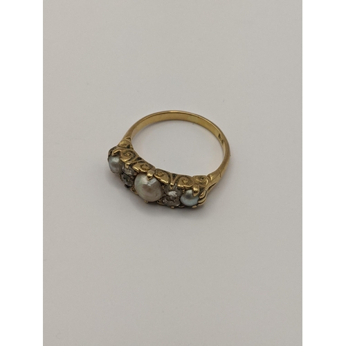 10 - Two yellow metal rings, one set with diamonds A/F along with one set with diamonds and pearls, total... 