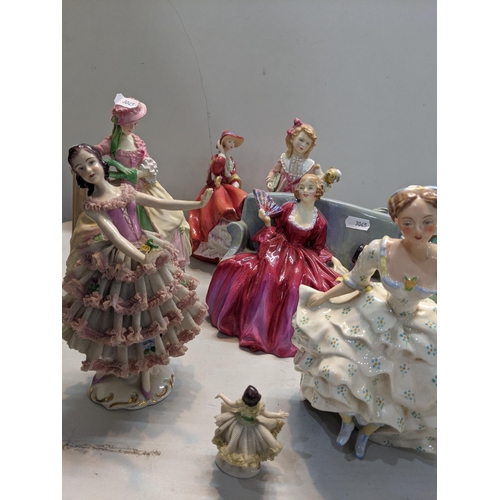 166 - Mixed porcelain figures to include Wedgwood, Dresden, Royal Doulton Afternoon tea, Royal Doulton Swe... 