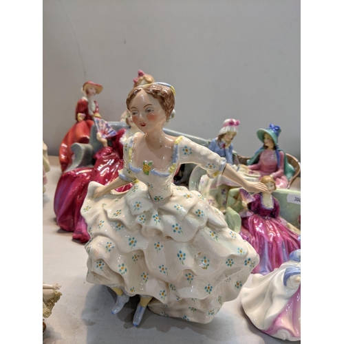 166 - Mixed porcelain figures to include Wedgwood, Dresden, Royal Doulton Afternoon tea, Royal Doulton Swe... 