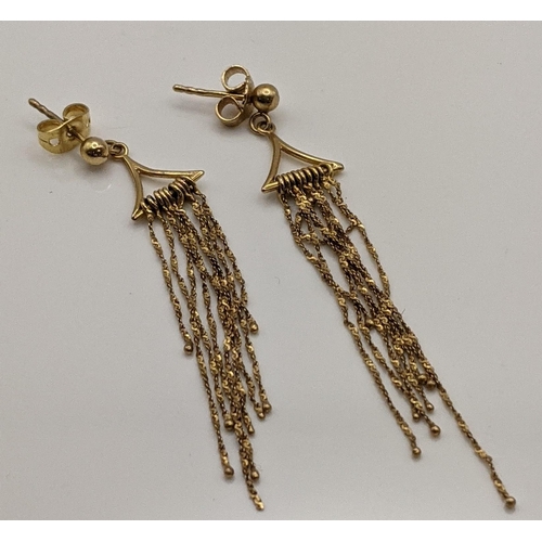 97 - A pair of 9ct gold tassel earrings, a pair of 9ct gold hoop stud earrings, together with a child's y... 