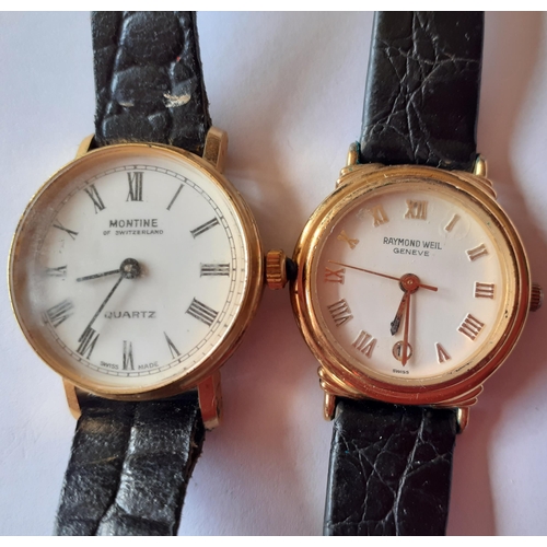 237 - A ladies Raymond Weil gold tone wristwatch with black leather strap and a Montine gold tone wristwat... 