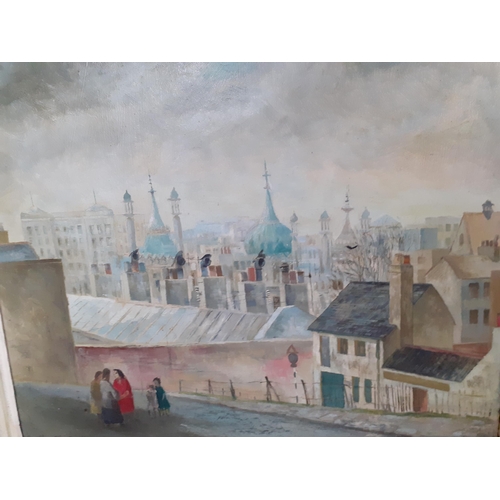 251 - Peter Cummins - Rooftops, oil on board, 41cm x 53cm, details to the reverse, an entry in the 1951 Jo... 