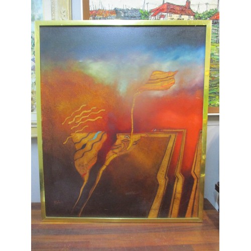 252 - Graham Smithies - abstract with New Zealand influence and snakes, oil on canvas, 91.5cm x 75cm frame... 