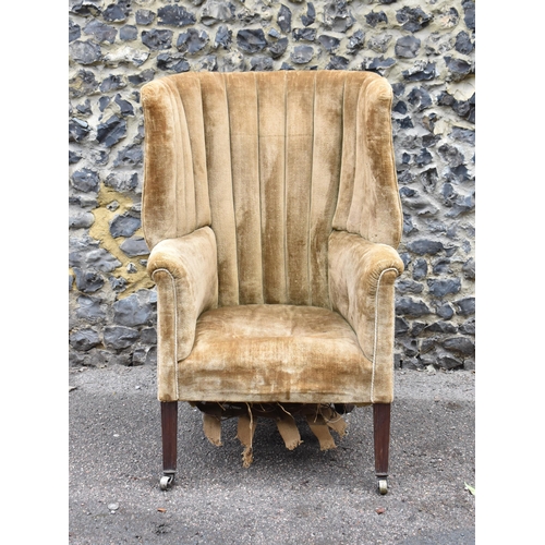 247 - A George III barrel back armchair, upholstered in brown velvet fabric, on tapering mahogany square l... 