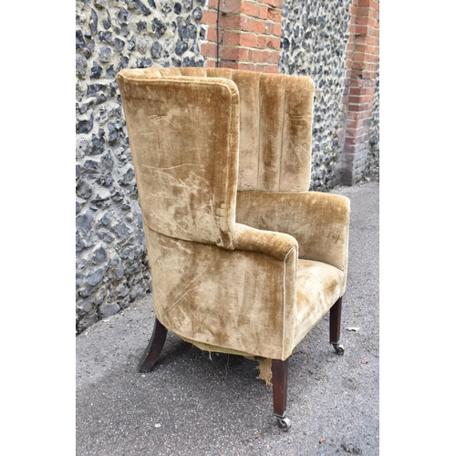 247 - A George III barrel back armchair, upholstered in brown velvet fabric, on tapering mahogany square l... 