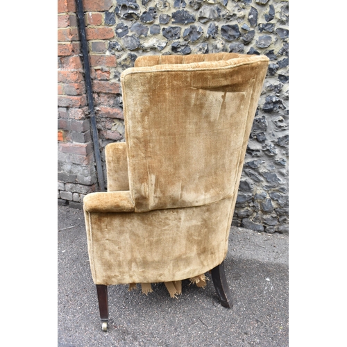 247 - A George III barrel back armchair, upholstered in brown velvet fabric, on tapering mahogany square l... 